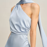 Blue One-Shoulder Satin Mini Dress