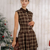 Rudas Plaid Be Rankovių Mini Suknelė su Plisuotėmis