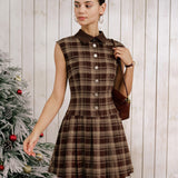 Rudas Plaid Be Rankovių Mini Suknelė su Plisuotėmis