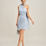 Blue One-Shoulder Satin Mini Dress