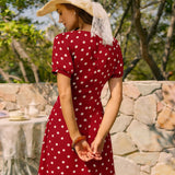 Raudona Mini Suknelė su Pūstomis Rankovėmis ir Polka Dot Raštu