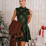 "Žalias Plaid Mock Neck Be Rankovių Mini Suknelė" can be rewritten as "Žalias Plaid Mini Suknelė su Mock Neck ir Be Rankovių".