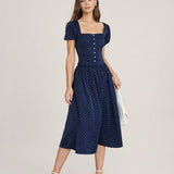Blue Square Neck Polka Dot Blouse
