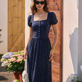 Blue Square Neck Polka Dot Blouse