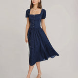 Blue Square Neck Polka Dot Blouse