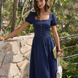 Blue Square Neck Polka Dot Blouse