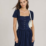 Blue Square Neck Polka Dot Blouse