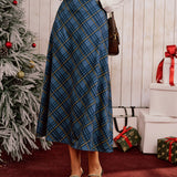 Blue Plaid A-Line Midi Skirt