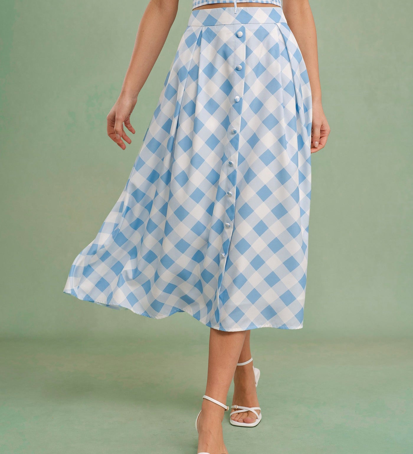 Blue Checkered Midi Skirt with Buttons