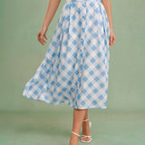 Blue Checkered Midi Skirt with Buttons