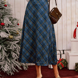 Blue Plaid A-Line Midi Skirt