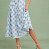 Blue Checkered Midi Skirt with Buttons
