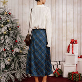 Blue Plaid A-Line Midi Skirt