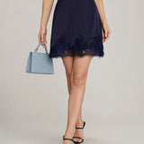 Blue Lace Trim Satin Mini Skirt