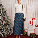 Blue Plaid A-Line Midi Skirt