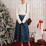 Blue Plaid A-Line Midi Skirt
