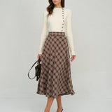 Ruda Plaid Gėlių A-Linijos Midi Sijonas" can be rewritten as "Brown Plaid Floral A-Line Midi Skirt.