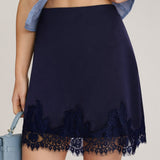 Blue Lace Trim Satin Mini Skirt