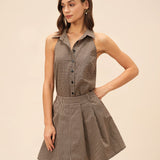 Rudas Plaid Suknelė" can be rewritten as "Brown Plaid Dress.