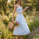 Blue Checkered Midi Skirt with Buttons
