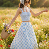 Blue Checkered Midi Skirt with Buttons