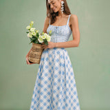 Blue Checkered Midi Skirt with Buttons
