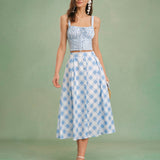 Blue Checkered Midi Skirt with Buttons
