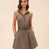 Rudas Plaid Suknelė" can be rewritten as "Brown Plaid Dress.