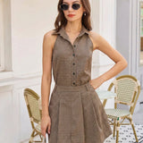Rudas Plaid Suknelė" can be rewritten as "Brown Plaid Dress.