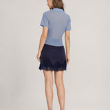 Blue Lace Trim Satin Mini Skirt