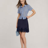 Blue Lace Trim Satin Mini Skirt
