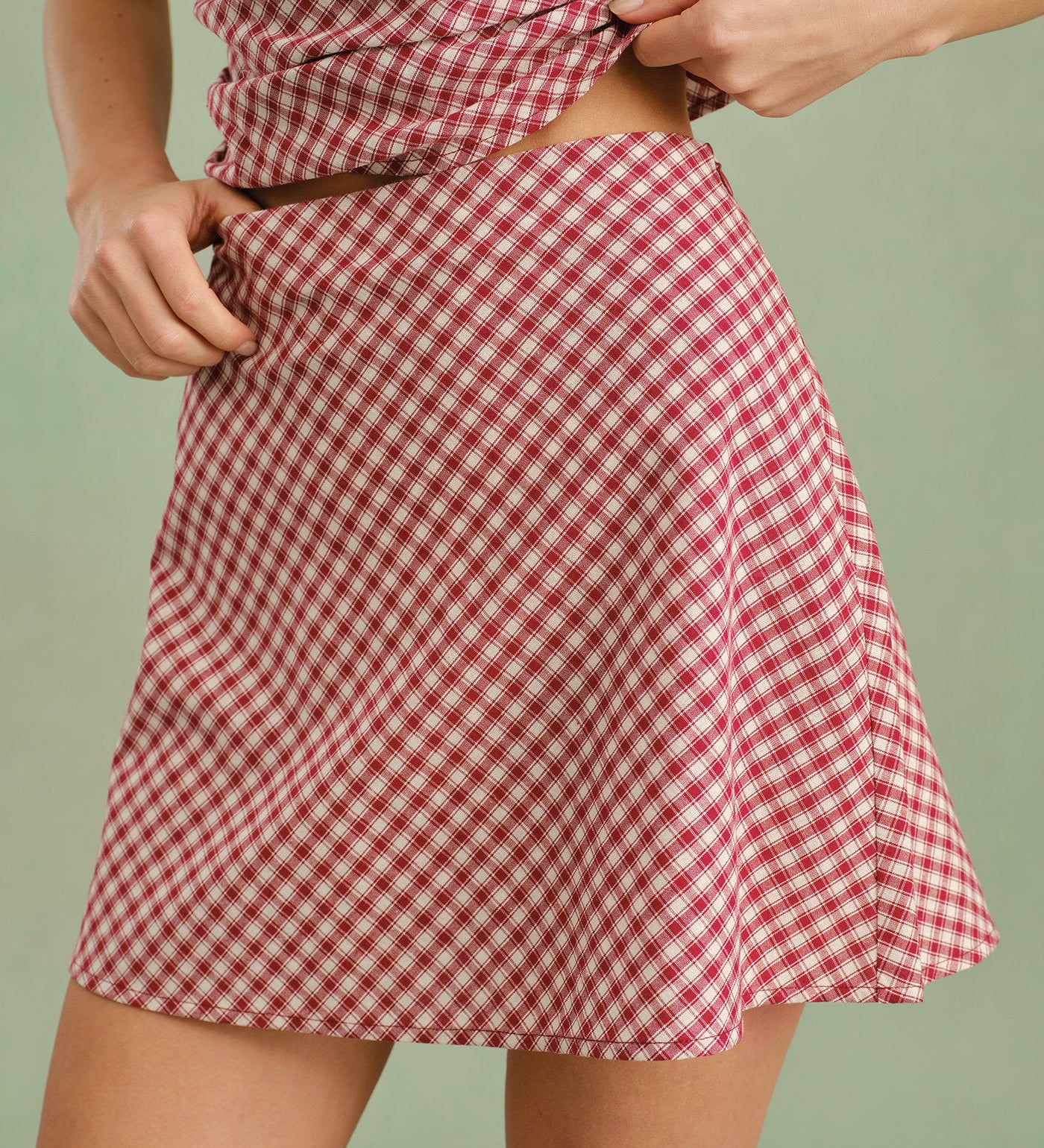 Raudonas Plaid Mini Sijonas su Užtrauktuku