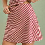Raudonas Plaid Mini Sijonas su Užtrauktuku