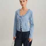 Blue Blouse with Ruffles, V-Neck, Front Button Closure