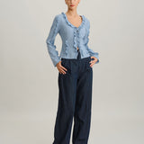 Blue Blouse with Ruffles, V-Neck, Front Button Closure