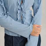 Blue Blouse with Ruffles, V-Neck, Front Button Closure