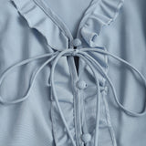 Blue Blouse with Ruffles, V-Neck, Front Button Closure