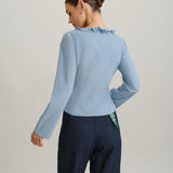 Blue Blouse with Ruffles, V-Neck, Front Button Closure