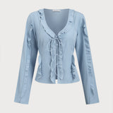 Blue Blouse with Ruffles, V-Neck, Front Button Closure