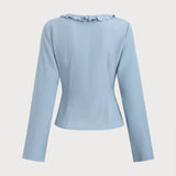 Blue Blouse with Ruffles, V-Neck, Front Button Closure