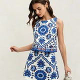 Blue Floral Two-Piece Skirt Set